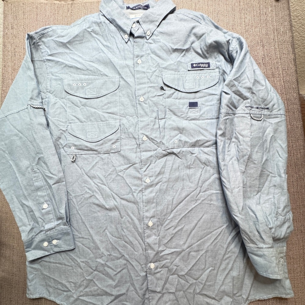 Columbia PFG Super Bonehead Fishing Shirt Mens XL Blue Long Sleeve Vented UPF